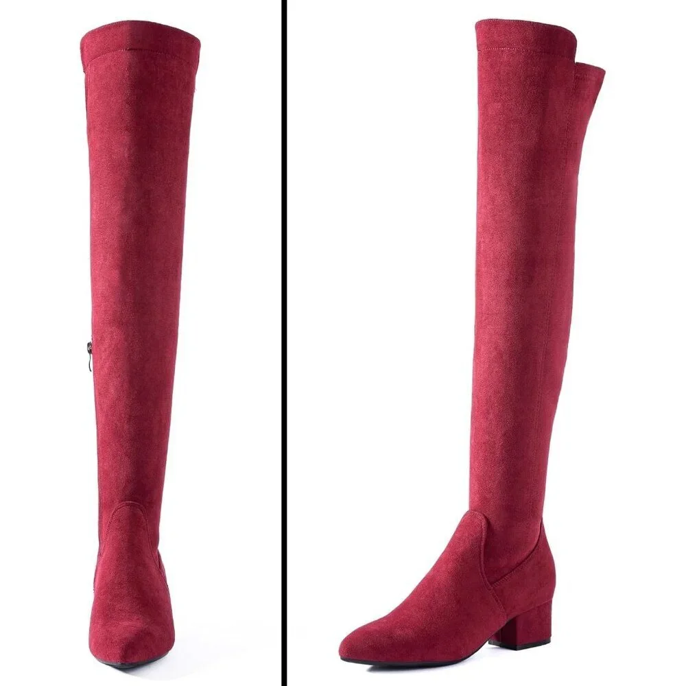 Women's Red Suede High Thigh Low Block Stylish Over-the-Knee Heel Boot